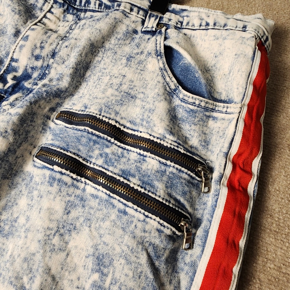Mens Kloud9 Distressed Acid Wash Denim Jeans Red Stripe Anarchy Skull Size‎ 44